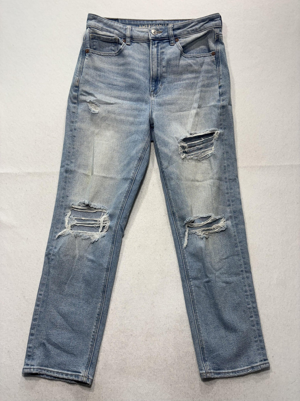 American Eagle Mom Straight Jeans Womens 6 Blue High Rise Distressed 28x28