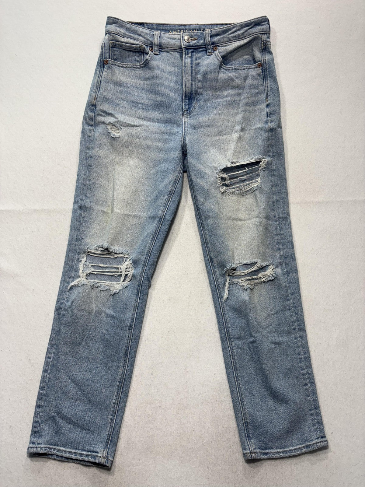 American Eagle Mom Straight Jeans Womens 6 Blue High Rise Distressed 28x28