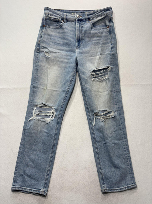 American Eagle Mom Straight Jeans Womens 6 Blue High Rise Distressed 28x28