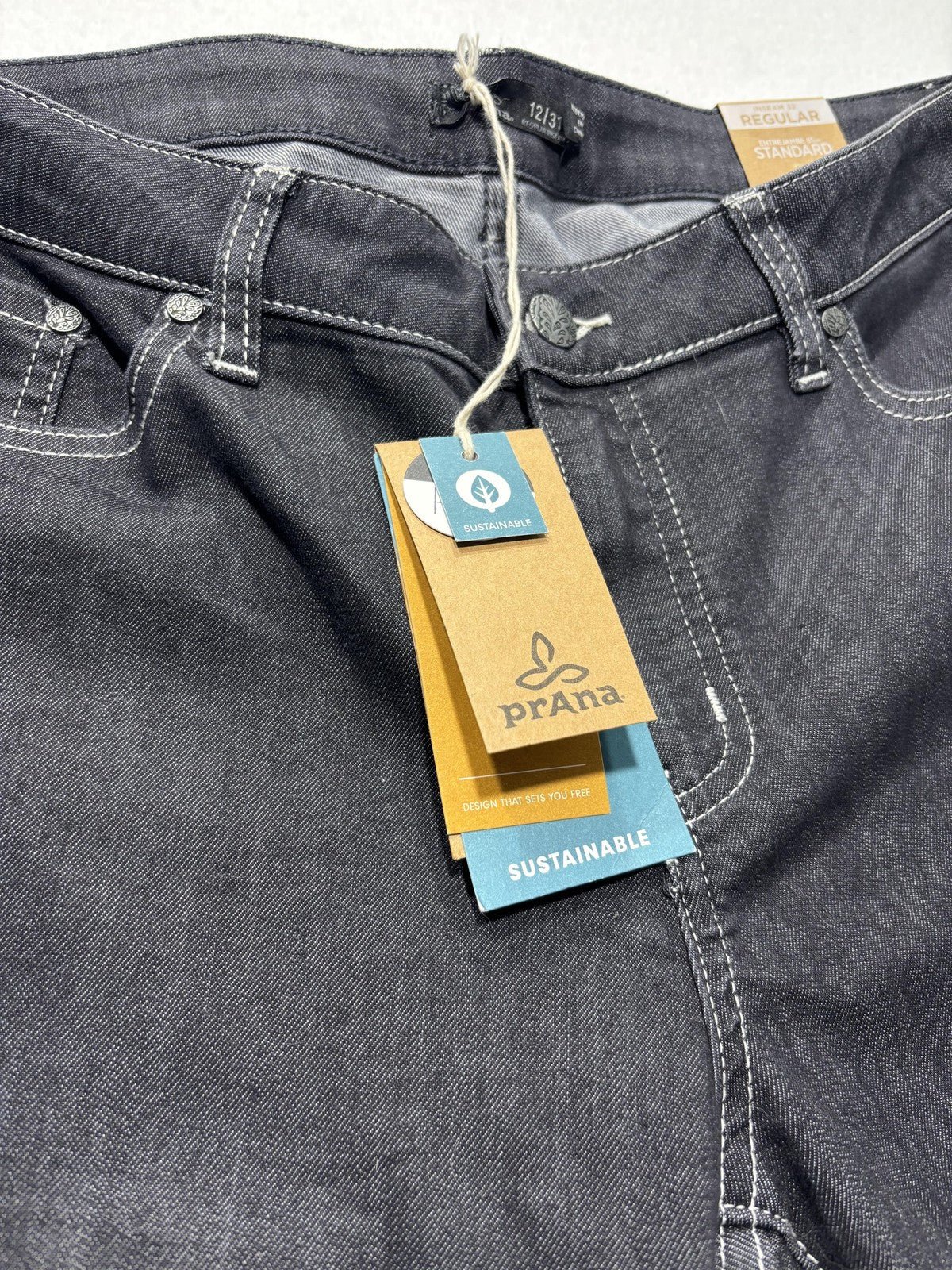 PrAna Jeans Womens 12 Gray Dark Wash Straight Leg Mid Rise Stretch 33x32