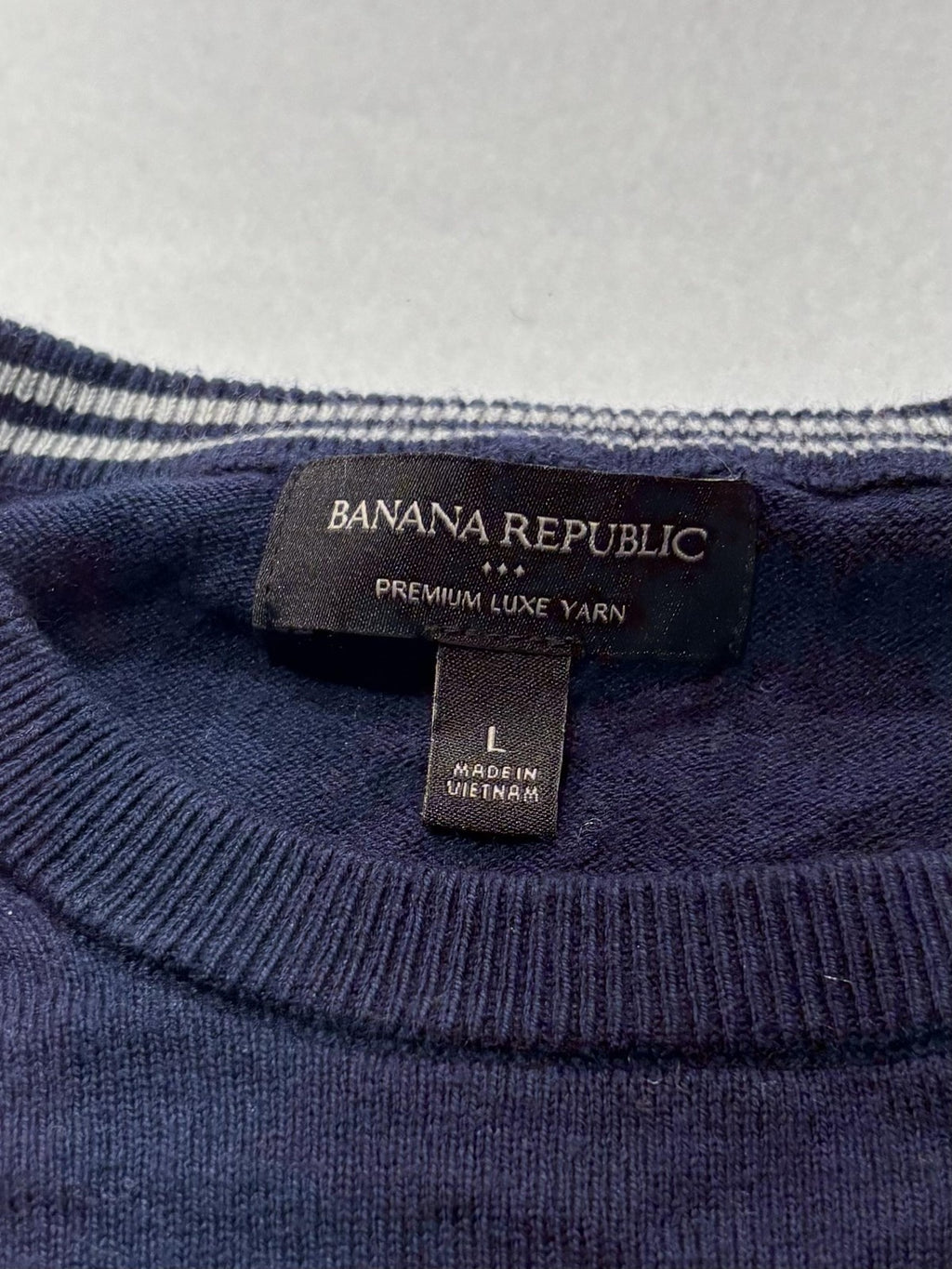 Banana Republic Sweater Mens Large Blue Gray Striped Crew Neck Knit Pullover
