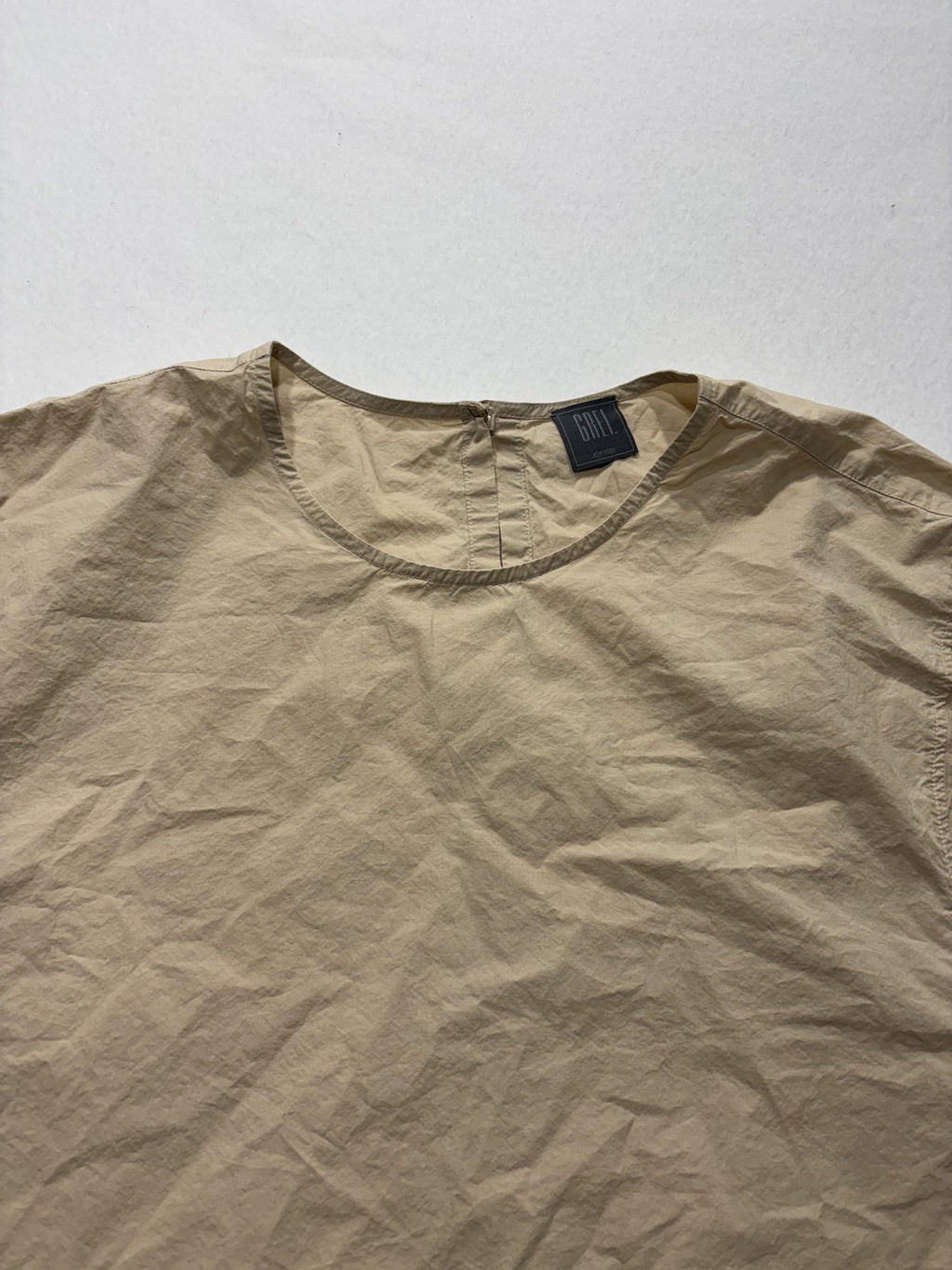 GREI. Blouse Womens 2 Beige Round Neck Short Balloon Sleeve Cotton Relaxed Top