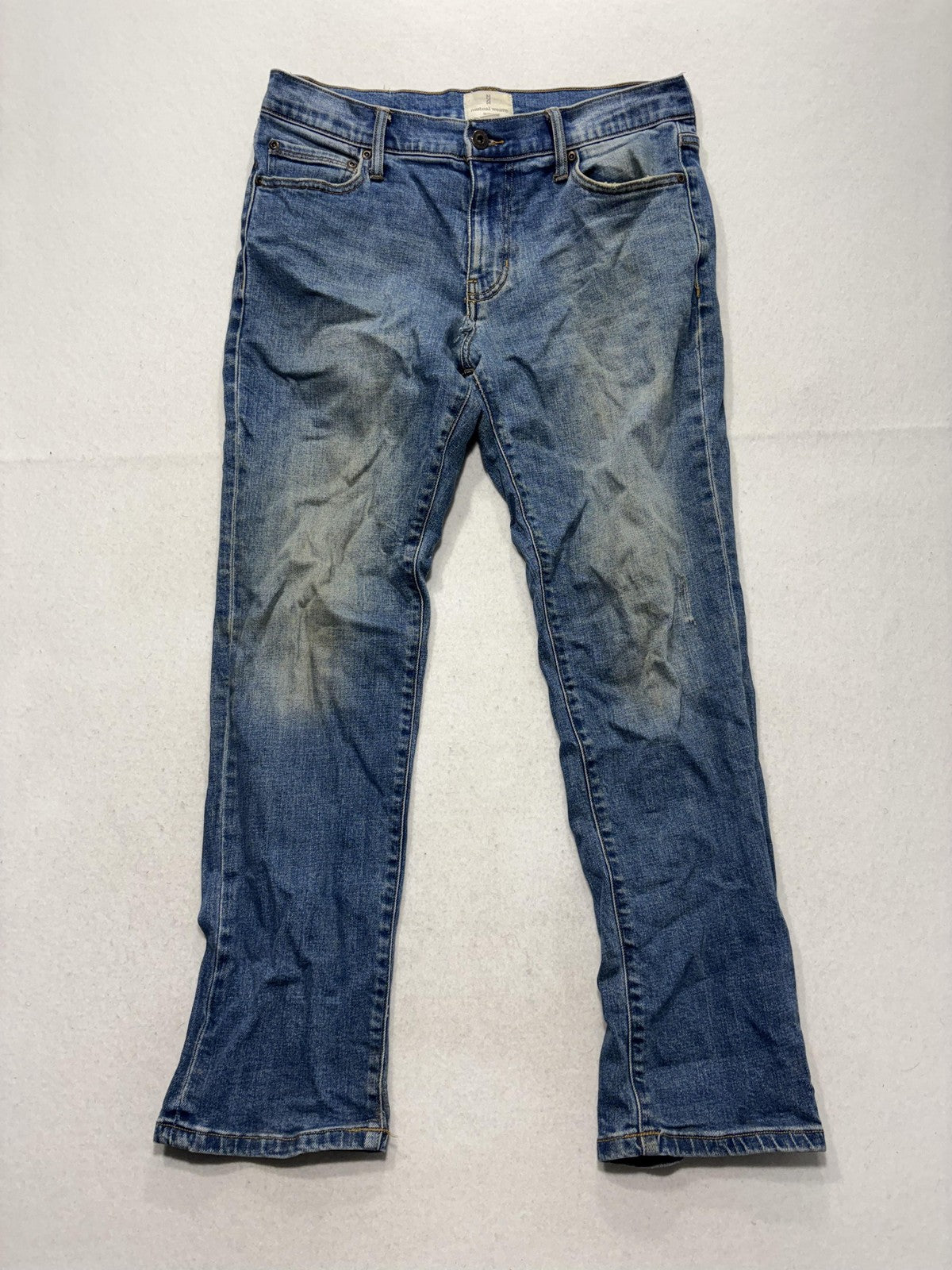 Mutual Weave The Straight Jeans Mens 34x30 Blue Medium Wash Distressed Stretch