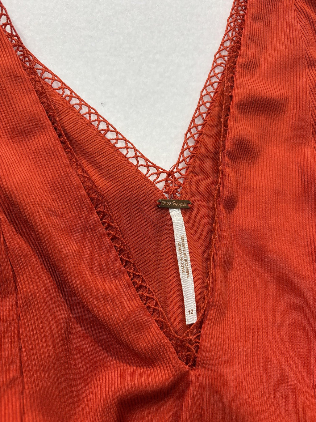 Free People Dress Womens 12 Orange V Neck Crochet Fit Flare Sundress Boho
