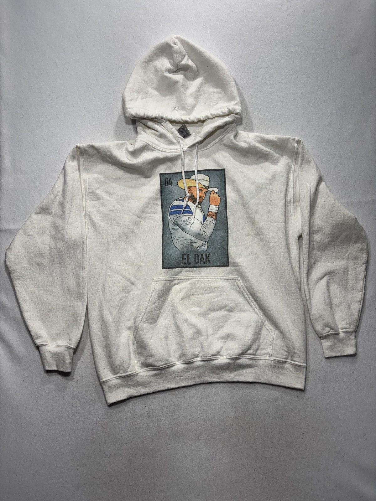 Gildan Hoodie Mens Large White El Dak Cowboy Graphic Fleece Pullover Football