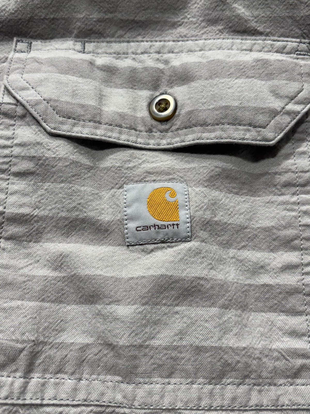 Carhartt Shirt Mens XL Gray Striped Loose Fit Short Sleeve Button Up Workwear