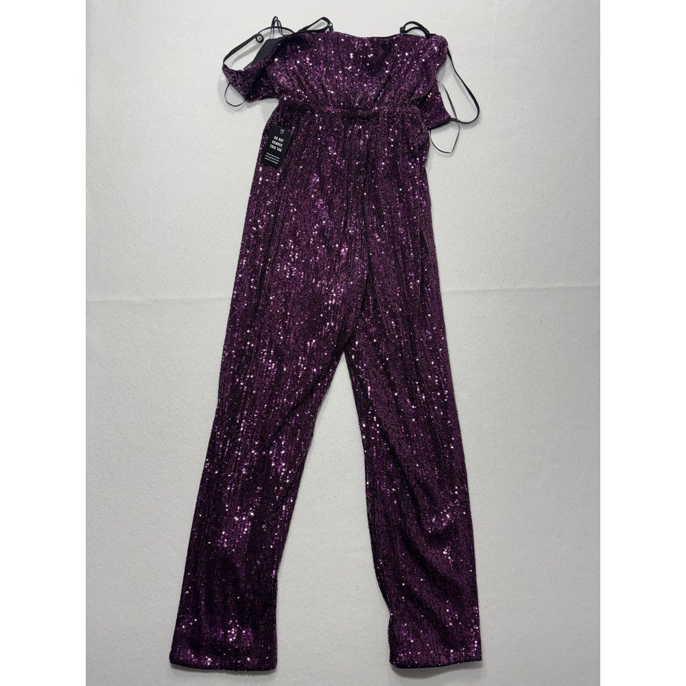 Express Jumpsuit Womens XS Purple Sequin V Neck Wide Leg Sleeveless 19938189 NEW