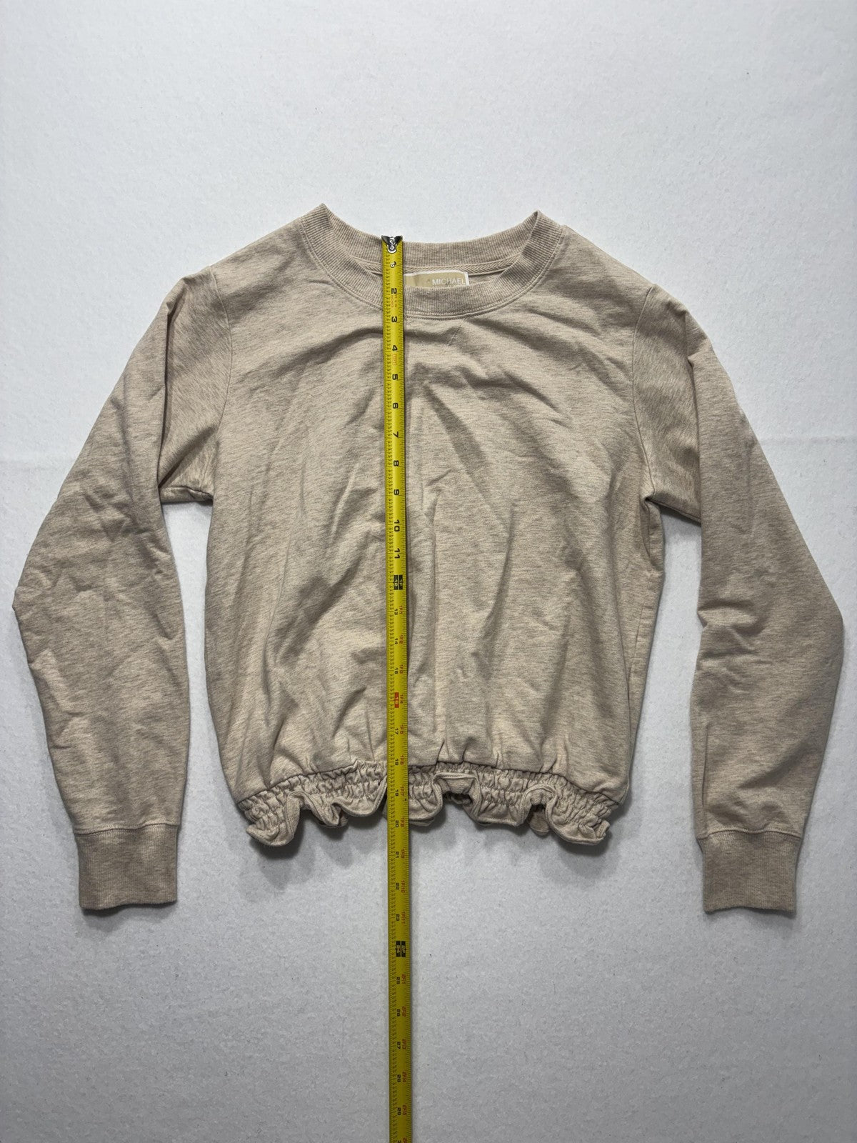MICHAEL Michael Kors Top Womens Small Beige Crew Neck Long Sleeve Ruffle Hem