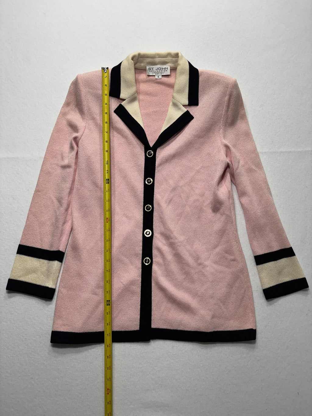 St. John Sweater Womens 6 Pink Collared Button Front Long Knit Cardigan