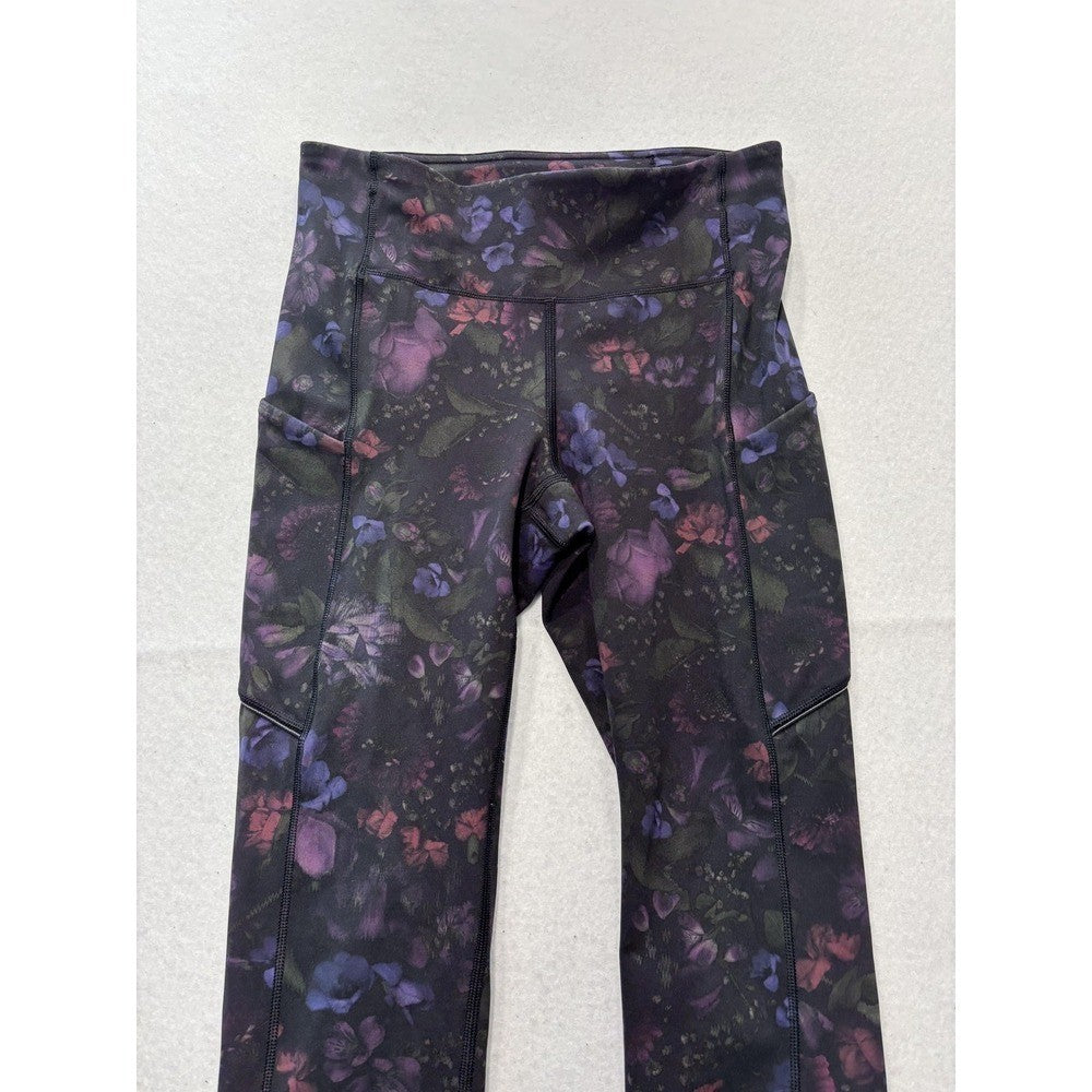Lululemon Leggings Womens 4 Black Floral High Rise Pocket Ankle Stretch Athletic