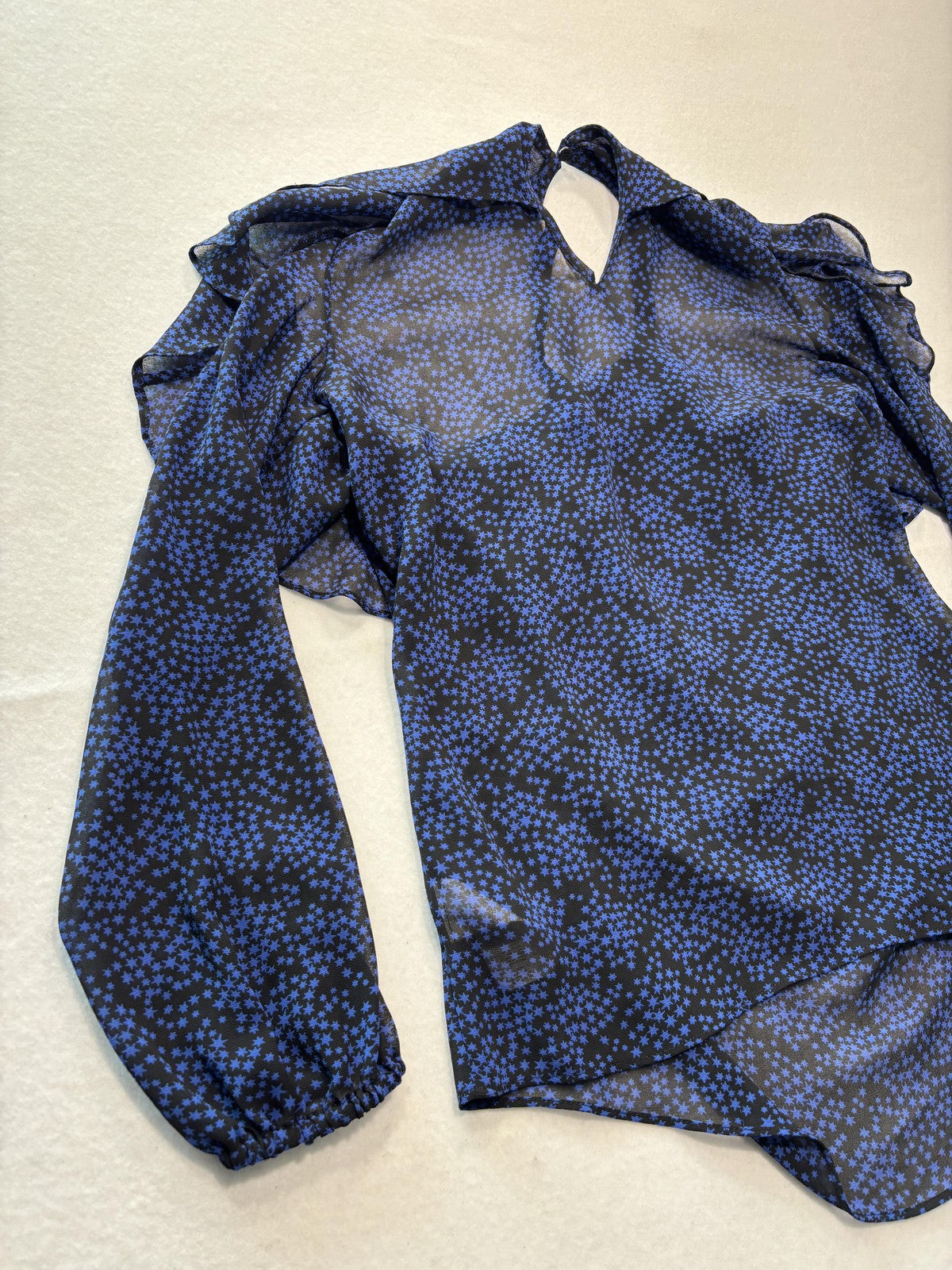 MICHAEL Michael Kors Blouse Womens Small Blue Star Print High Neck Ruffle Sheer