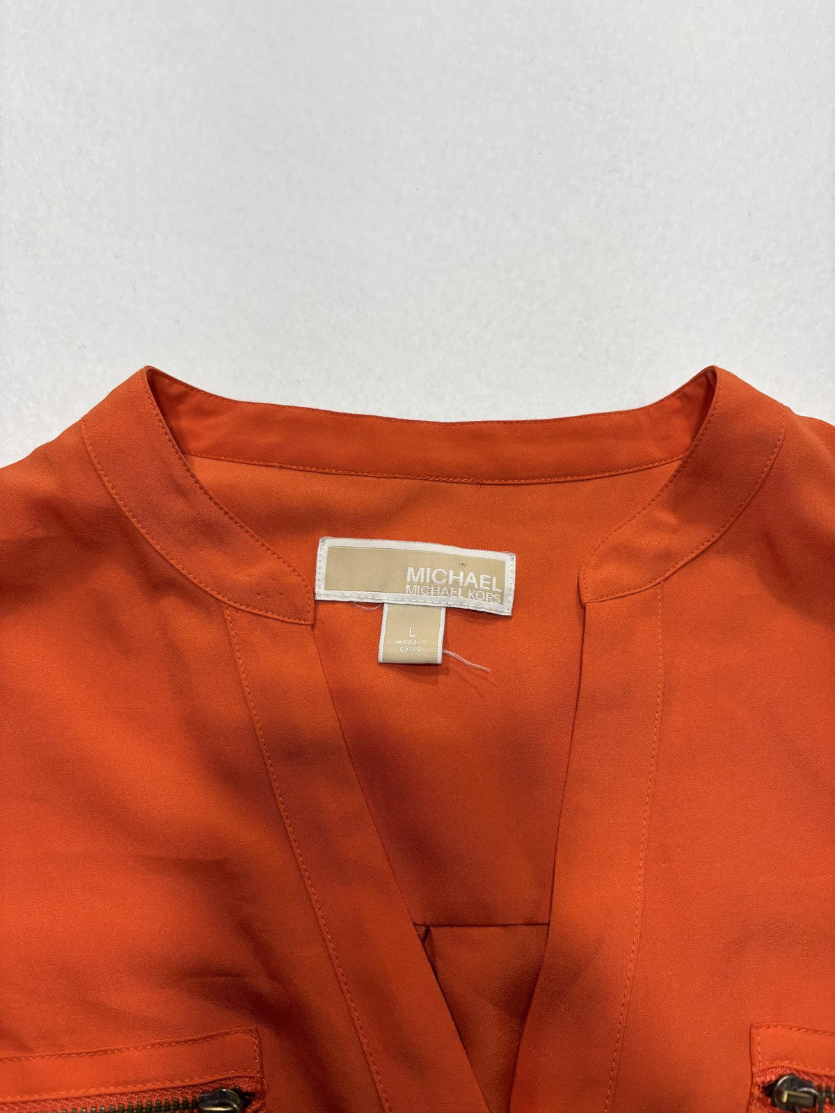 MICHAEL Michael Kors Blouse Womens Large Orange V Neck Zip Pocket Tunic Top