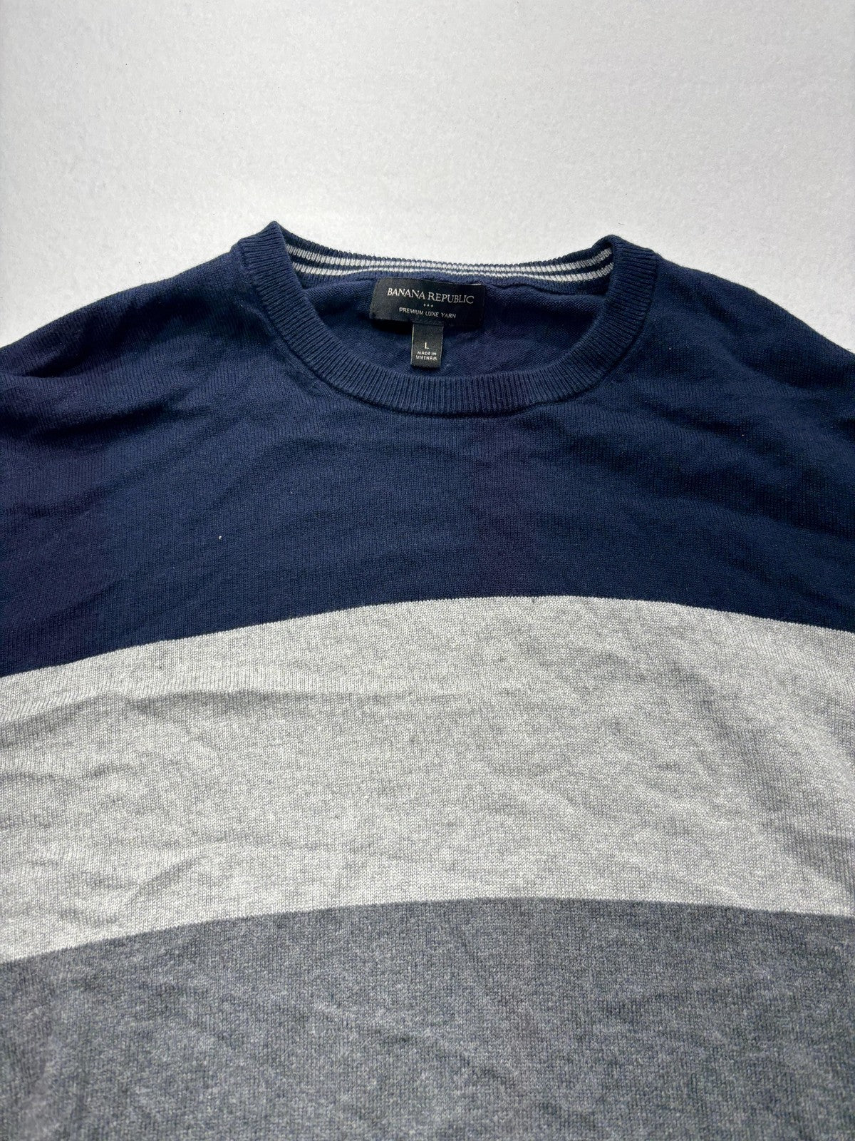 Banana Republic Sweater Mens Large Blue Gray Striped Crew Neck Knit Pullover
