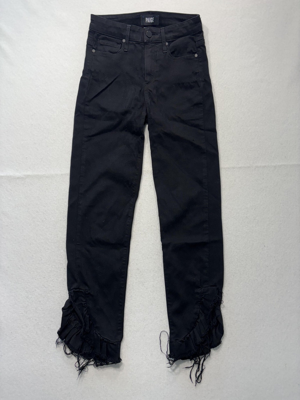 Paige Hoxton Straight Ankle Jeans Womens 24 Black Mid Rise Ruffle Fringe Stretch
