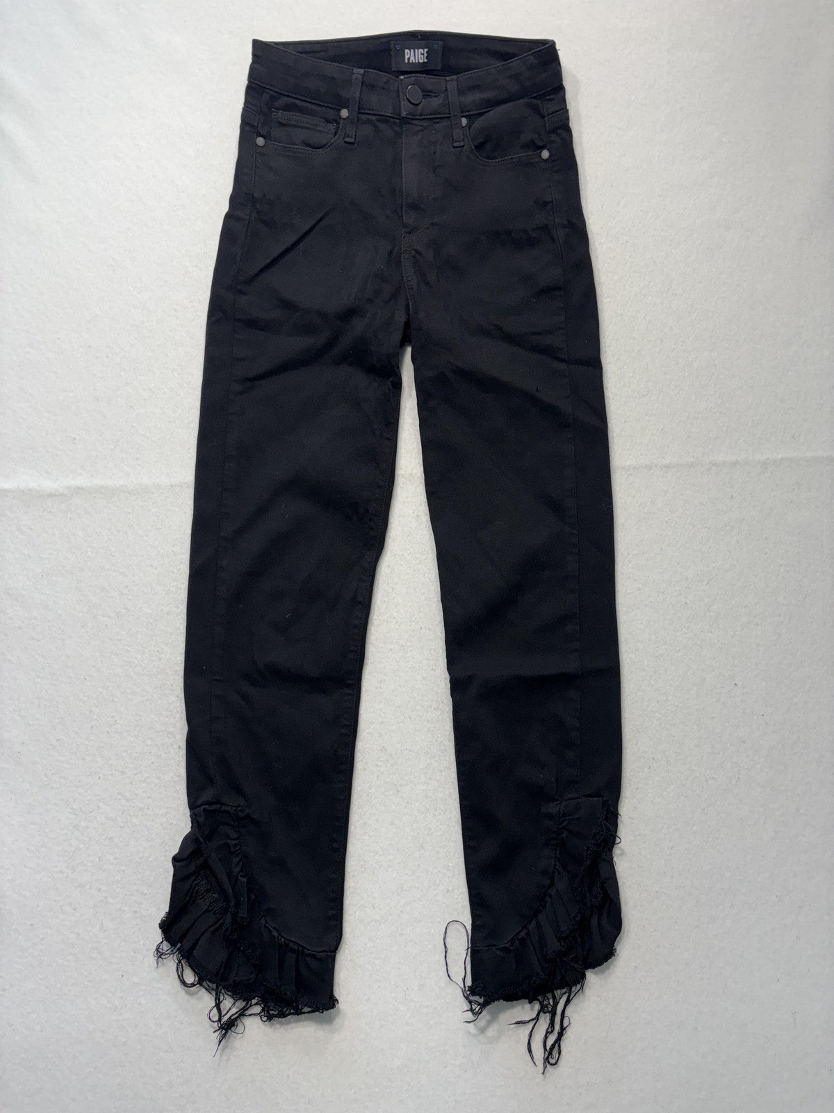 Paige Hoxton Straight Ankle Jeans Womens 24 Black Mid Rise Ruffle Fringe Stretch