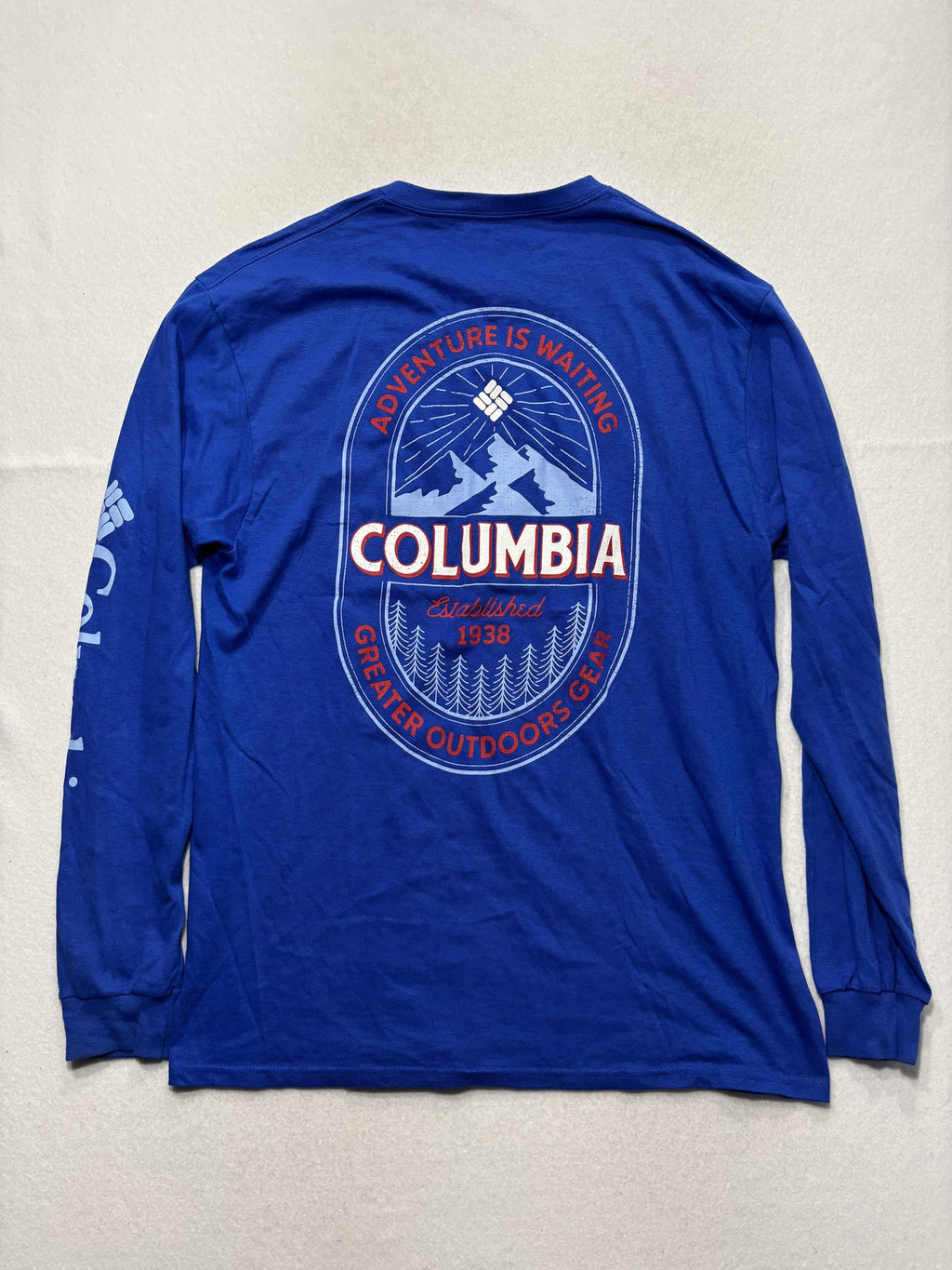 Columbia Shirt Mens Large Blue Adventure Is Waiting Long Sleeve Graphic Tee
