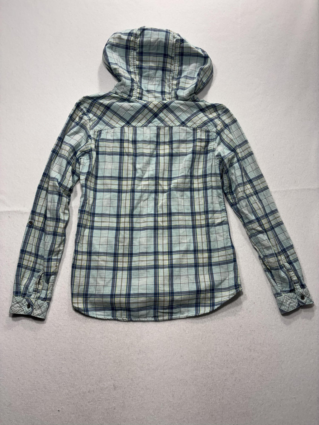 Columbia Shirt Womens Medium Blue Plaid Hooded Long Sleeve Button Up Cotton