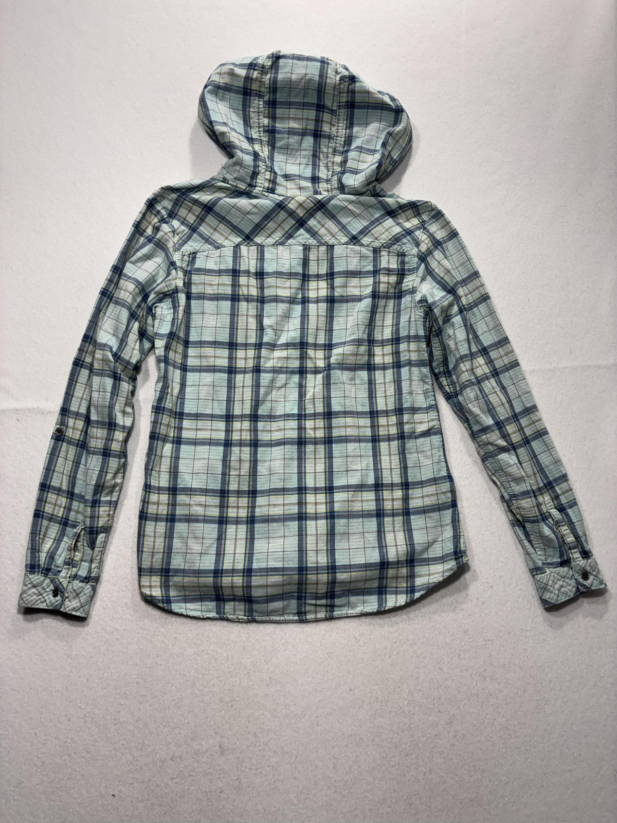 Columbia Shirt Womens Medium Blue Plaid Hooded Long Sleeve Button Up Cotton