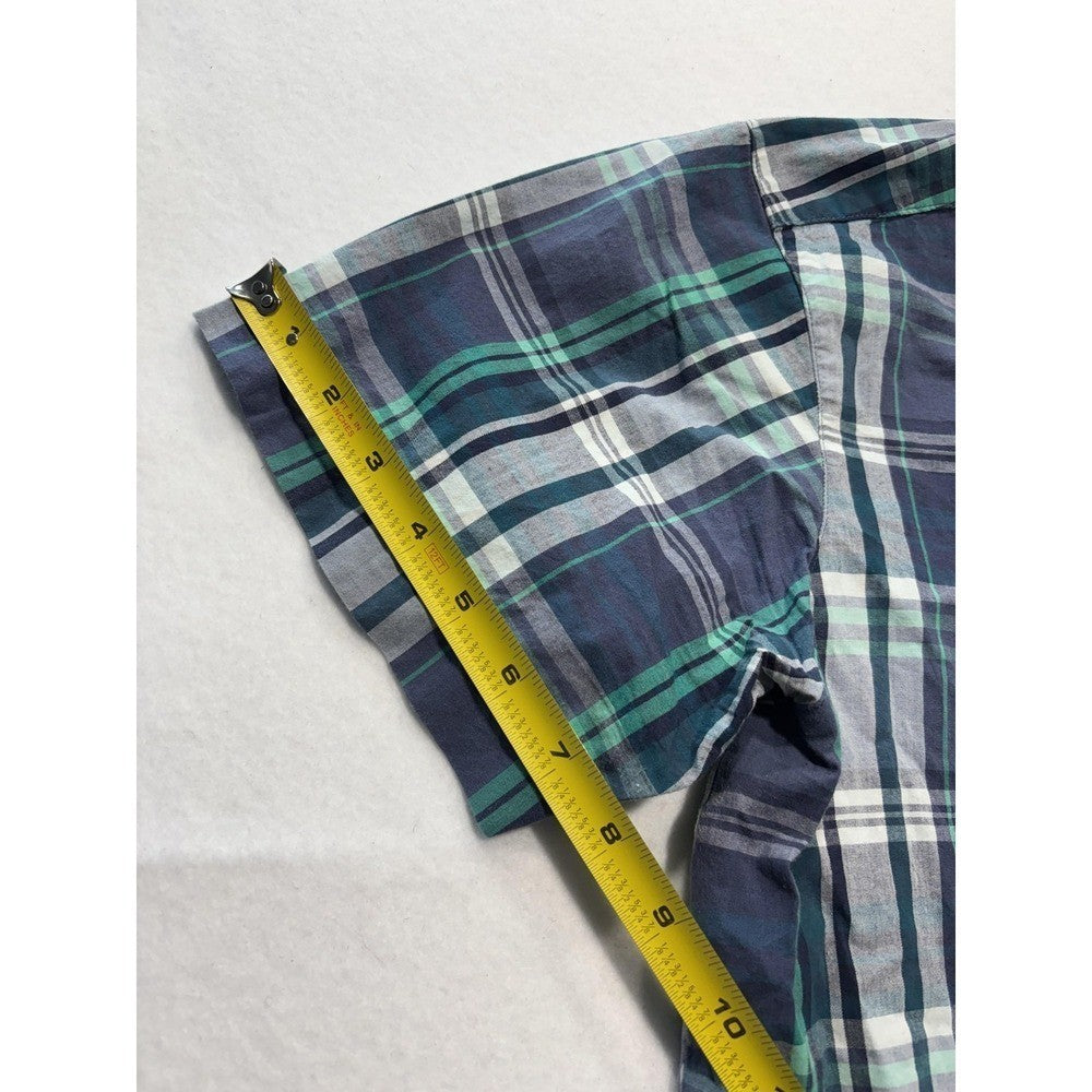Columbia Shirt Mens Large Blue Green Plaid Short Sleeve Button Up Casual Stretch