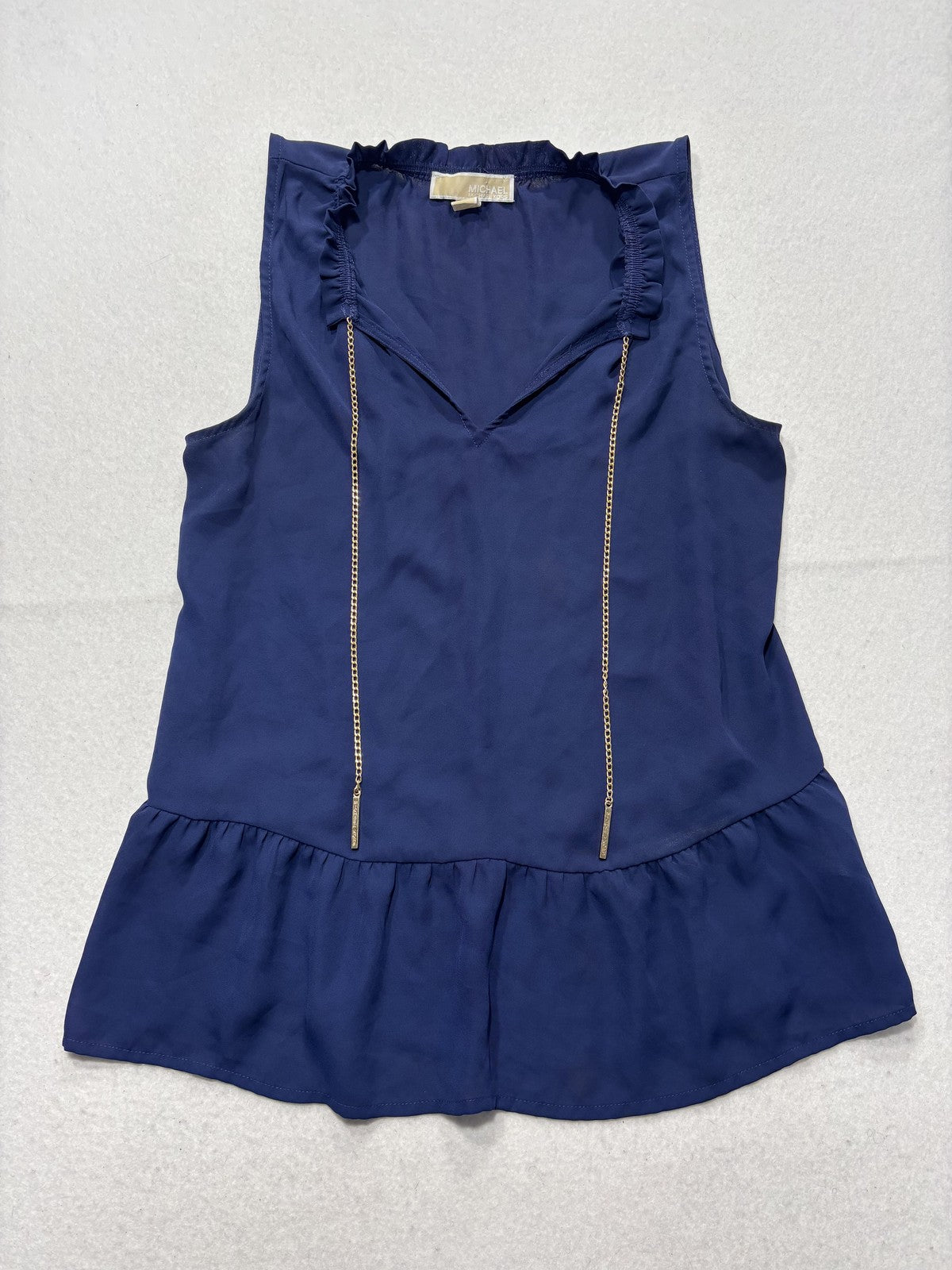 MICHAEL Michael Kors Blouse Womens Small Blue V Neck Chain Tie Ruffle Tunic Top