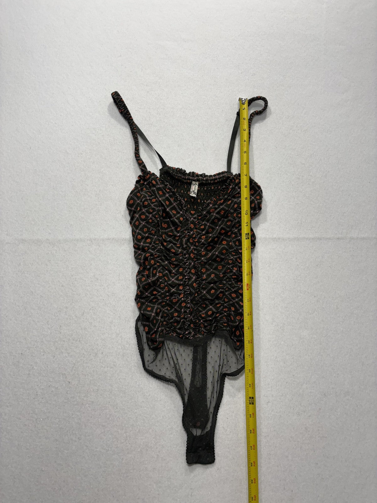 Free People Bodysuit Womens Small Black Smocked Ruched Sheer Mesh Thong