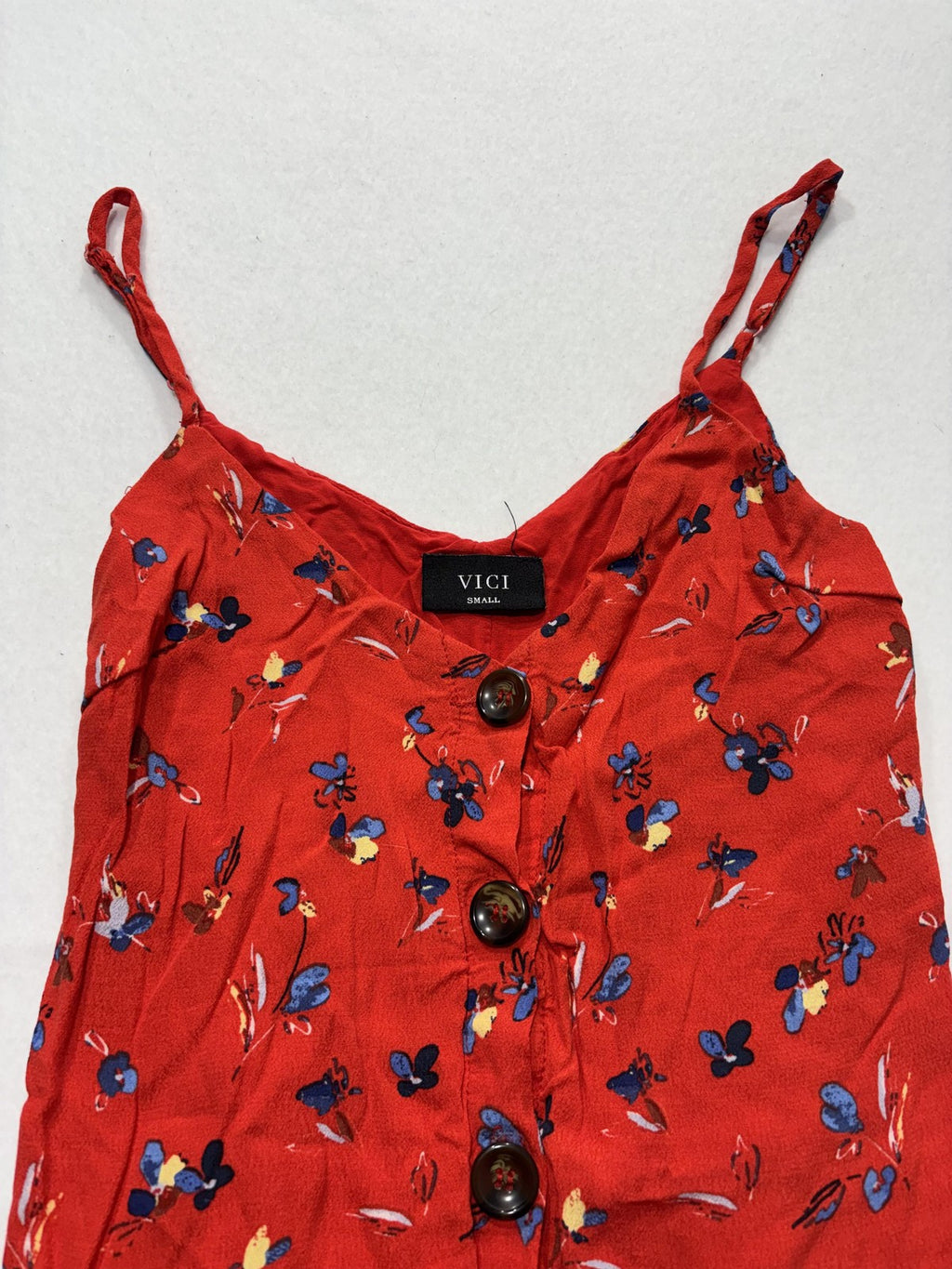 VICI Romper Womens Small Red Floral V Neck Button Front Adjustable Waist
