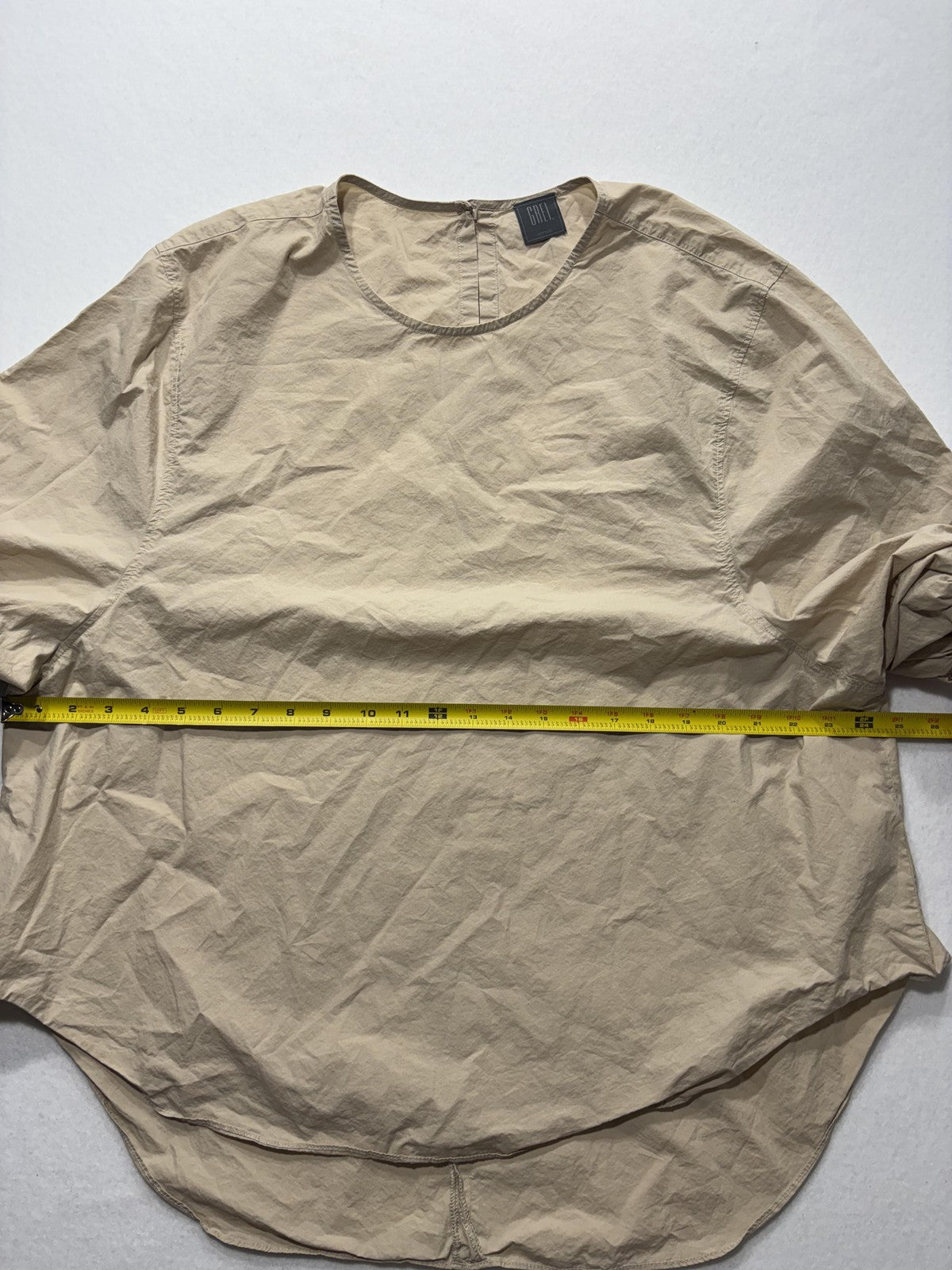 GREI. Blouse Womens 2 Beige Round Neck Short Balloon Sleeve Cotton Relaxed Top