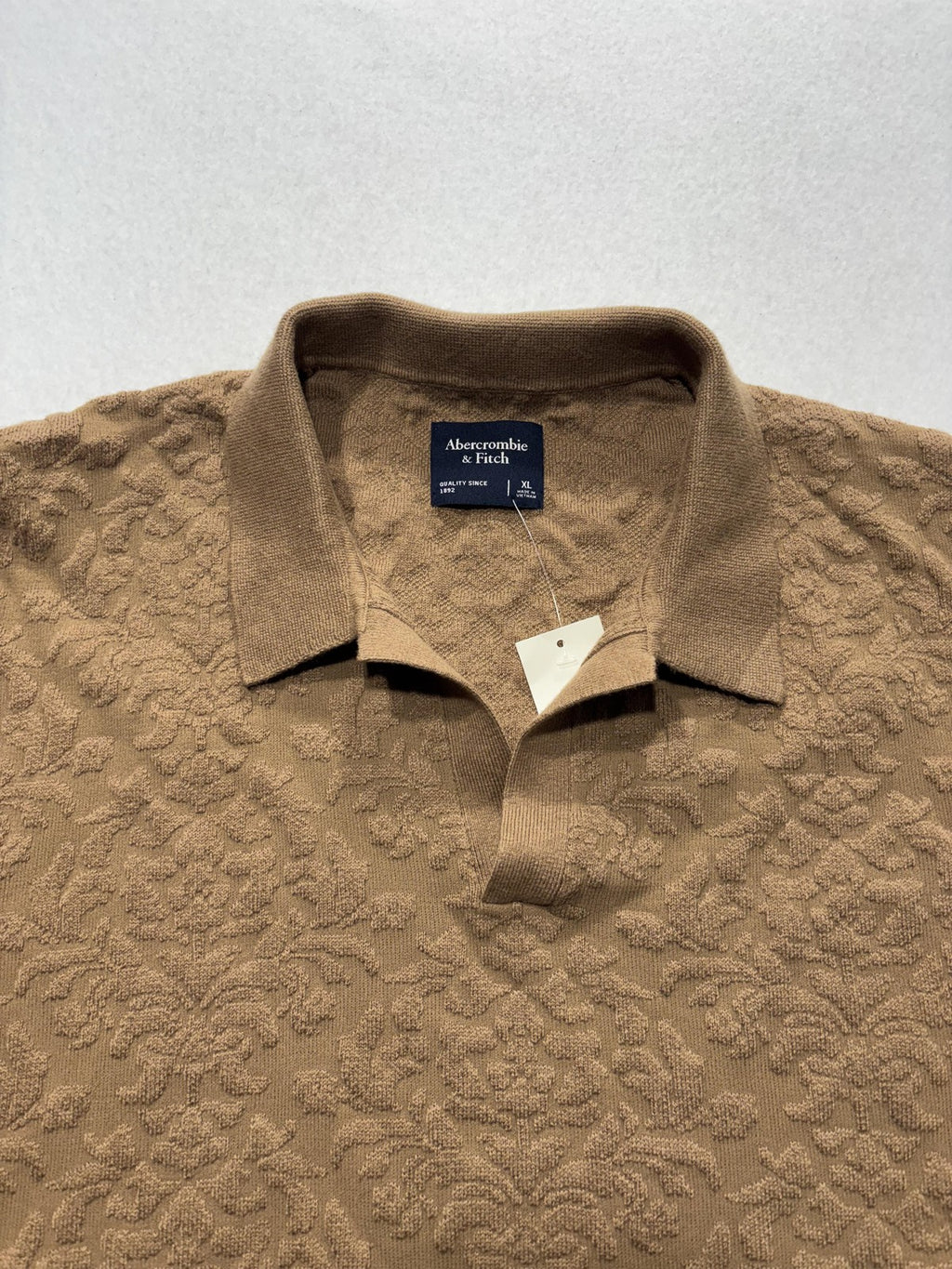 Abercrombie & Fitch Polo Shirt Mens XL Brown Jacquard Floral Knit Short Sleeve
