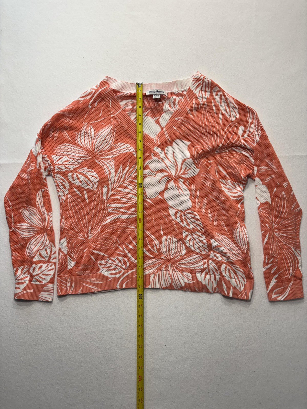 Tommy Bahama Sweater Womens XL Orange Floral V Neck Waffle Knit Tropical Top