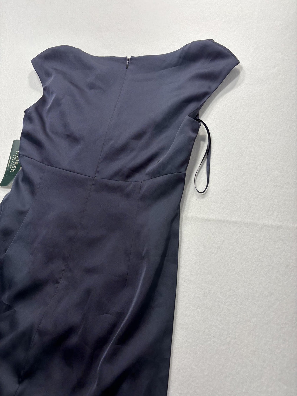 Lauren Ralph Lauren Evening Dress Womens 8 Blue Ruched Satin Sheath Knee Length